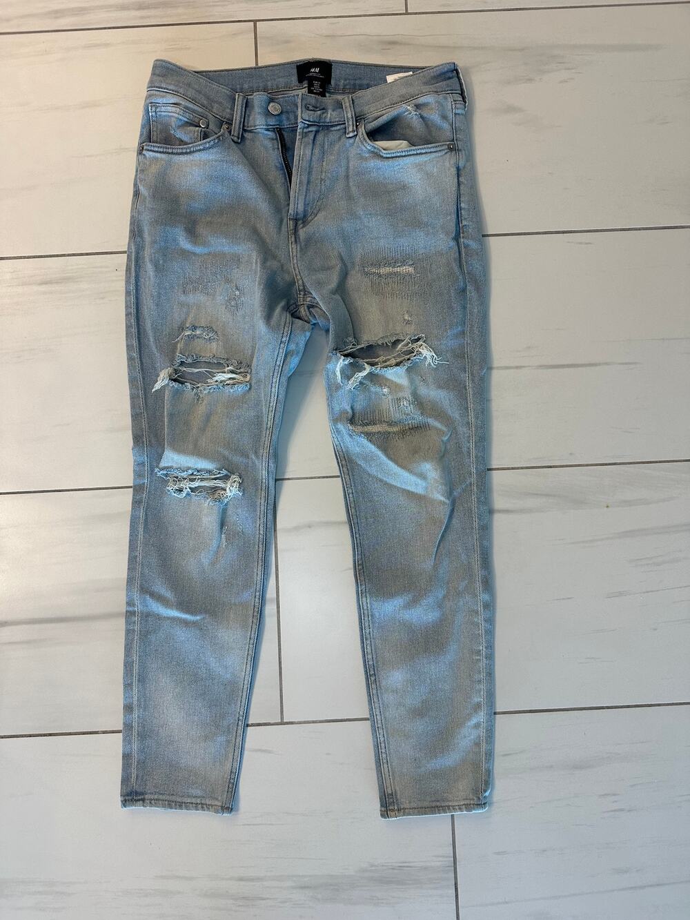 H&M Skinny Fit Coupe Moulante Jeans Mens US 31 Distressed Ripped Denim